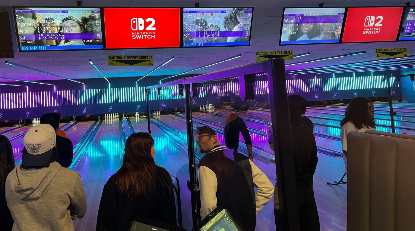Nintendo Switch 2 takeover across Tenpin lane and overhead screens
