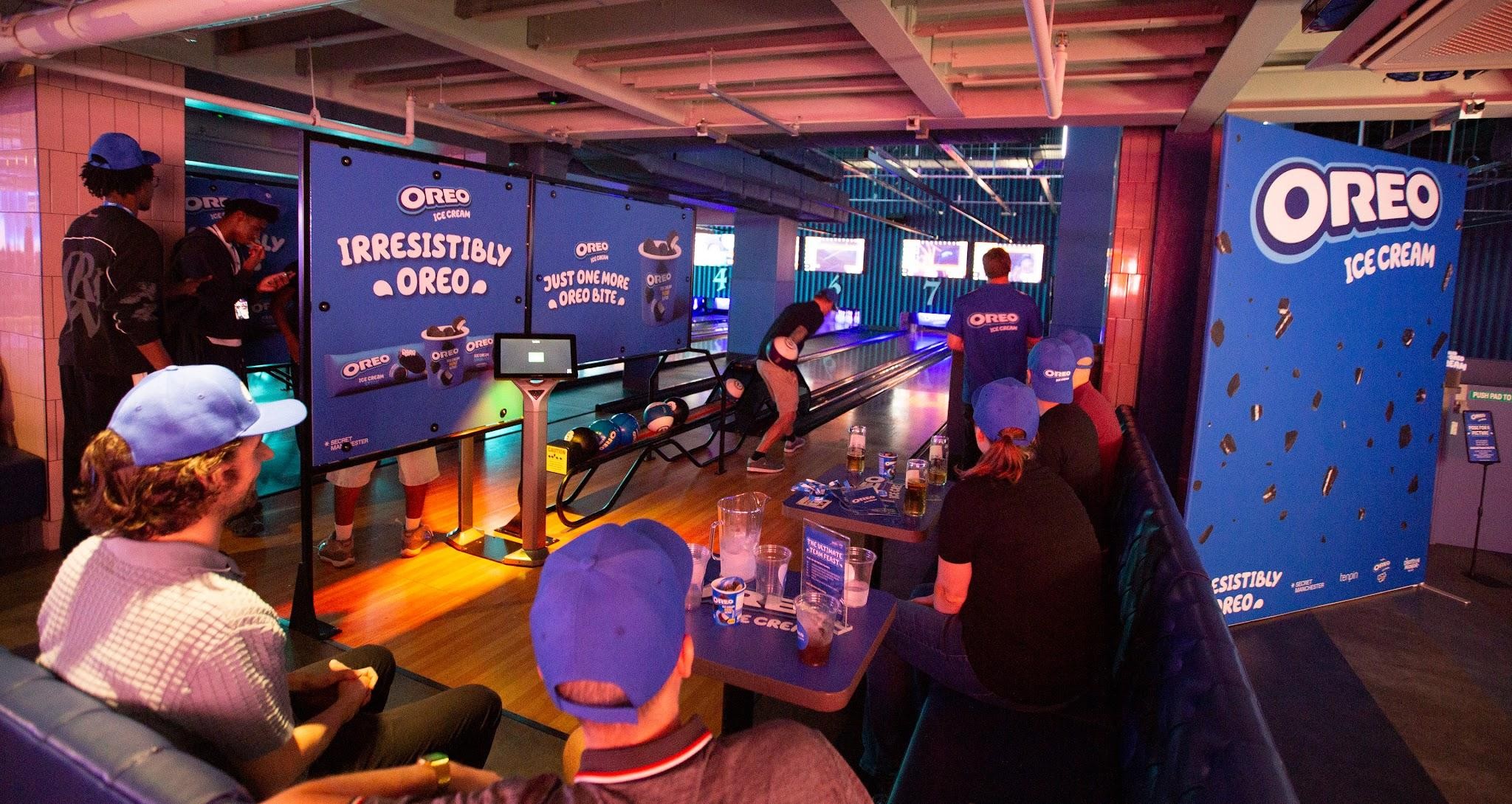 Guests bowling on Oreo-branded lanes during the event night