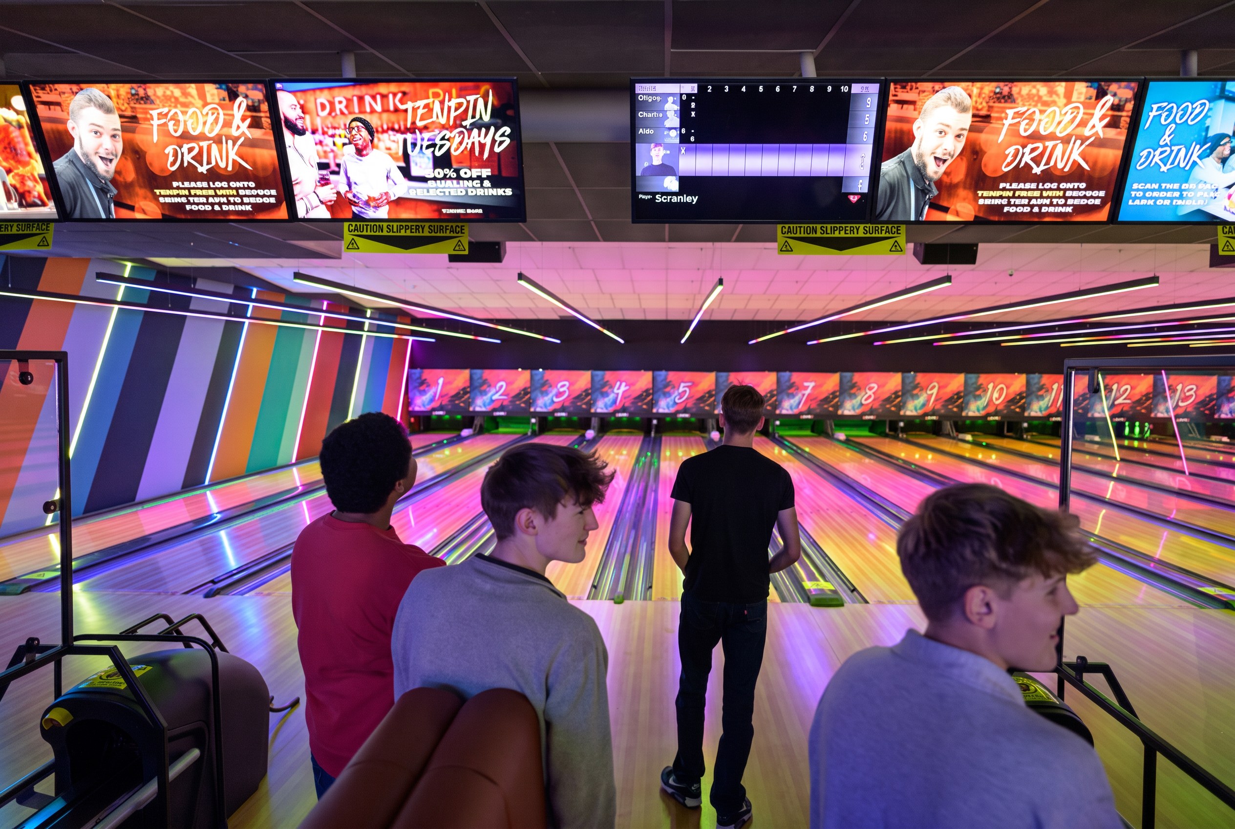 Tenpin bowling lanes lit with digital screens