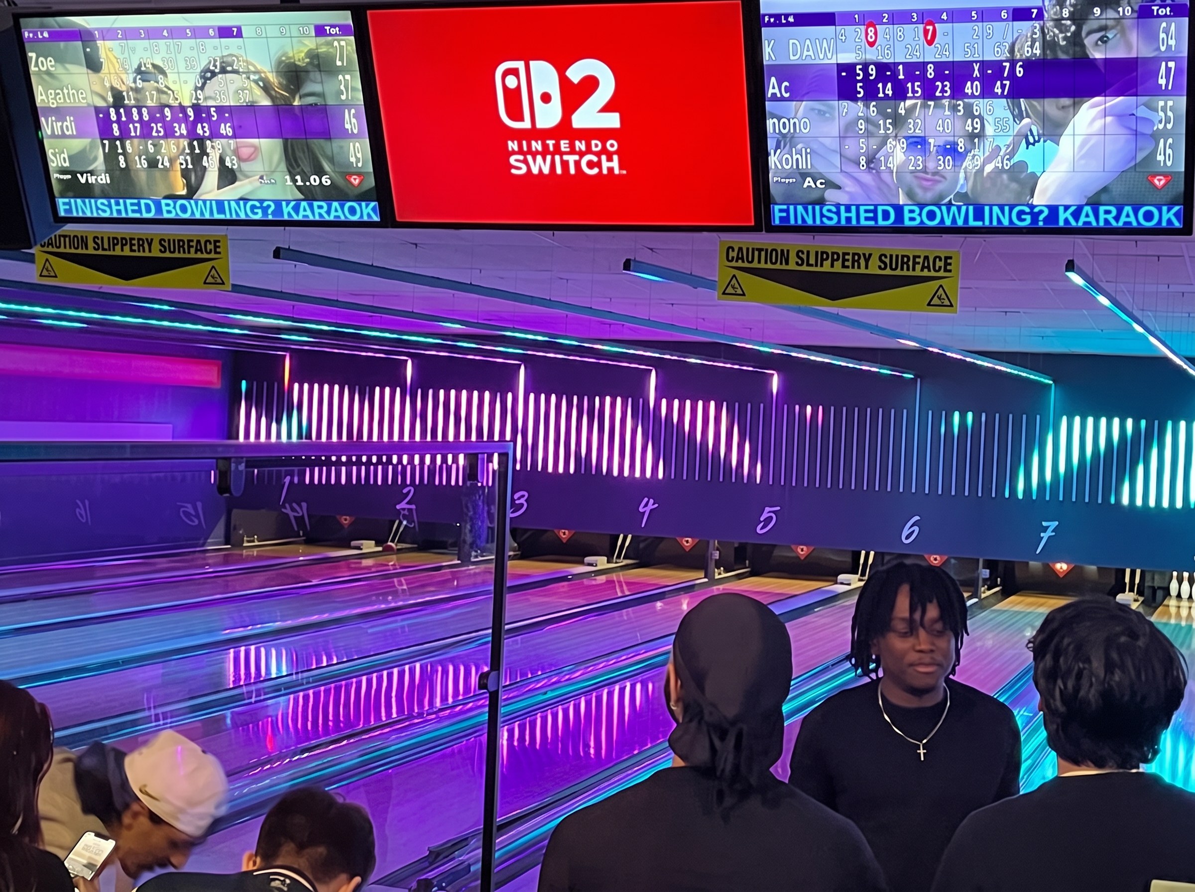 Close-up of Nintendo Switch 2 creative on a Tenpin lane scoreboard