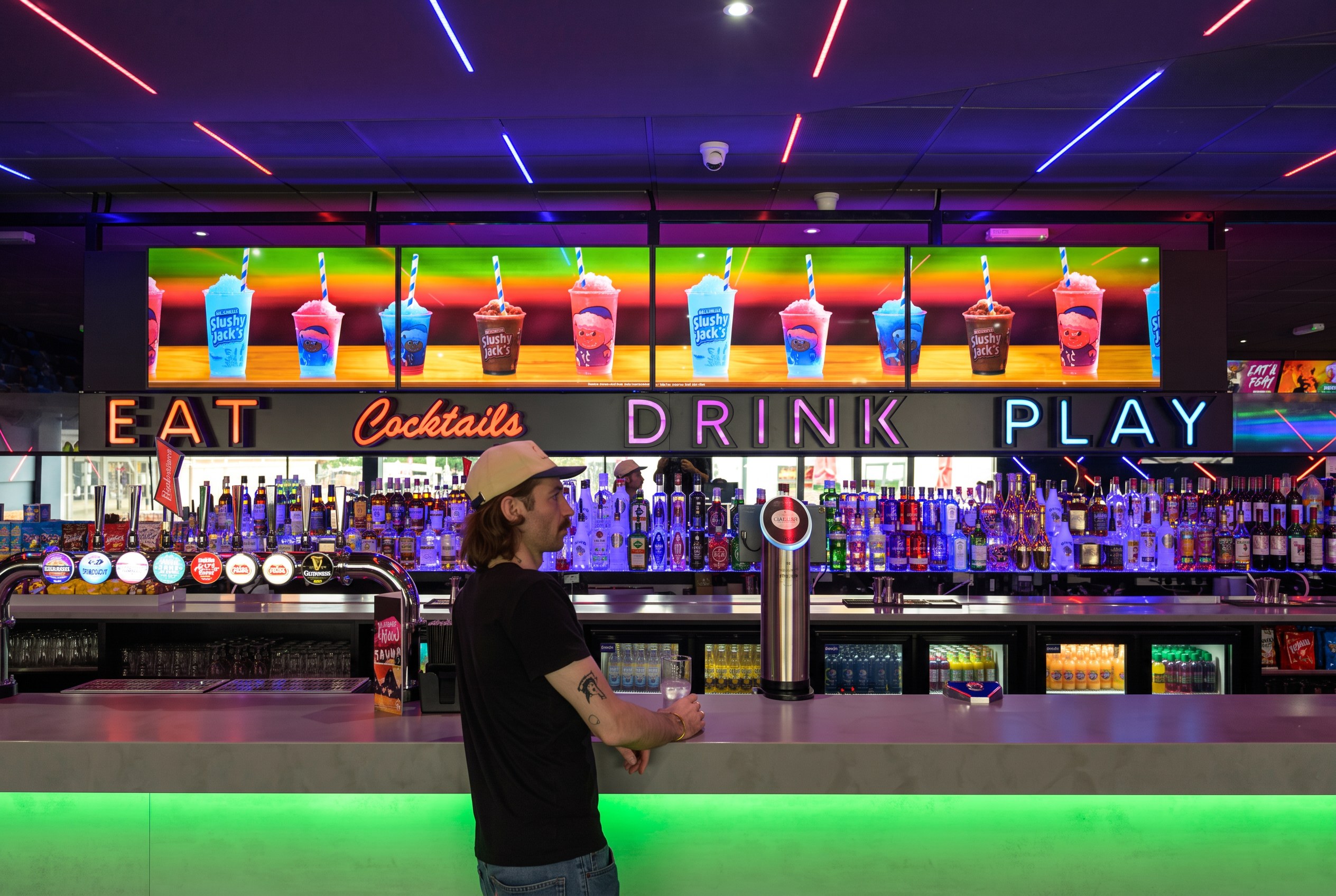 Tenpin bar with drinks menu screens